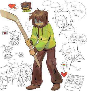 ! ... 1other 2girls anger_vein antlers black_hood black_pants brown_hair brown_shoes cage commentary deer_antlers deer_girl deltarune english_commentary english_text goomyloid green_sweater heart highres holding_hockey_stick horns kris_(deltarune) monster_girl multiple_girls noelle_holiday open_mouth pants photo_(object) rainbow_flag shoes short_hair soul_(deltarune) speech_bubble spoken_ellipsis spoken_exclamation_mark susie_(deltarune) sweater thought_bubble tongue tongue_out utdr_(toby_fox)