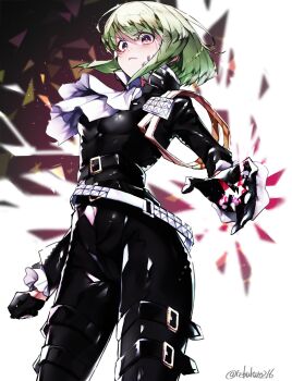1girl ascot belt black_belt black_gloves black_jacket black_pants breasts clenched_hand commentary commentary_request fire genderswap genderswap_(mtf) gloves green_hair hair_between_eyes half_gloves highres jacket lio_fotia looking_at_viewer multiple_belts pants pink_fire promare purple_eyes pyrokinesis short_hair small_breasts solo tebukuro216 thigh_belt thigh_strap twitter_username white_ascot white_belt