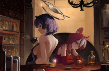 Rule 34 | 2girls, alcohol, alternate costume, animal ear fluff, animal ears, ashtray, backless dress, backless outfit, bar (place), bare shoulders, beer can, black gloves, black hair, blue dress, blue eyes, blue hair, bluehead white dragon, blush, bottle, breasts, can, chandelier, cigarette, cigarette butt, cigarette holder, counter, cup, dress, drink can, drinking glass, earrings, elbow gloves, gloves, grin, hakos baelz, half gloves, halo, halter dress, halterneck, hashtag-only commentary, highres, holding, holding cup, hololive, hololive english, indoors, jewelry, large breasts, liquor, long hair, looking at viewer, mechanical halo, mouse ears, mouse girl, multicolored hair, multiple girls, ouro kronii, profile, red dress, red gloves, red hair, shelf, short hair, sideboob, sideways glance, sleeveless, sleeveless dress, smile, smoking, streaked hair, virtual youtuber, whiskey, white hair, wine bottle