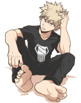 1boy bakugou_katsuki barefoot black_shirt blonde_hair boku_no_hero_academia feet highres kuroshinki male_focus pants red_eyes shirt short_hair sitting solo spiked_hair white_background