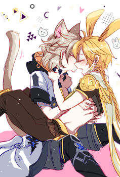 2boys aether_(genshin_impact) albedo_(genshin_impact) animal_ears blonde_hair braid braided_ponytail cape cat_ears closed_eyes commentary earrings genshin_impact highres hood jewelry kemonomimi_mode kkaiju long_hair midriff multiple_boys rabbit_ears single_earring tail