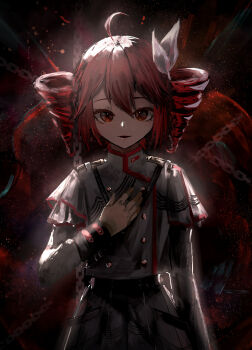 Rule 34 | 1girl, absurdres, ahoge, belt, black belt, buttons, chain, cokei, commentary request, cowboy shot, double-breasted, double-parted bangs, drill hair, grey jacket, grey skirt, hair ribbon, hand on own chest, highres, jacket, kasane teto, kasane teto (sv), long sleeves, looking at viewer, parted lips, pleated skirt, red hair, red trim, ribbon, short hair, shoulder belt, shoulder boards, skirt, sleeve cuffs, smile, solo, straight-on, synthesizer v, twin drills, utau, white ribbon