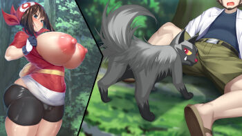 ass bandana belt professor_birch black_shorts blue_eyes blush breasts breasts_out brown_hair cameltoe curvy fanny_pack forest gen_3_pokemon gloves green_shorts head_out_of_frame highres huge_breasts kawahagitei lab_coat may_(pokemon) nature nintendo nipples outdoors pokemon pokemon_(creature) pokemon_rse poochyena puffy_areolae red_bandana self_exposure short_sleeves shorts skindentation slippers thick_thighs thighs