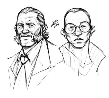 2boys aegyo_sal bomber_jacket collared_shirt commentary cropped_shoulders disco_elysium english_commentary expressionless facial_hair glasses greyscale hair_slicked_back harry_du_bois highres jacket kim_kitsuragi looking_at_another looking_to_the_side male_focus monochrome multiple_boys mutton_chops necktie nurve26 popped_collar portrait shirt short_hair smirk