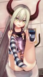1boy 1girl 3d 9hj6u animated asymmetrical_legwear bandaid bandaids_on_nipples blue_one-piece_swimsuit blush bracelet crossed_legs cum cum_on_body cum_on_upper_body cum_overflow cum_string cumdrip demon_girl demon_horns demon_tail ejaculation elbow_gloves emma_august fang flat_chest gloves grin hetero horns jewelry knee_up kneehighs koikatsu_(medium) legs_up loli long_hair looking_at_viewer multiple_boys navel nijisanji on_toilet one-piece_swimsuit open_mouth pasties penis pointy_ears pov pov_hands school_swimsuit sex single_thighhigh sitting smile socks soles solo_focus spread_legs stomach_bulge striped_clothes striped_socks striped_thighhighs swimsuit tail teeth thighhighs thighs tile_wall tiles toes toilet toilet_stall torn_clothes torn_swimsuit v vaginal very_long_hair video virtual_youtuber white_gloves white_hair