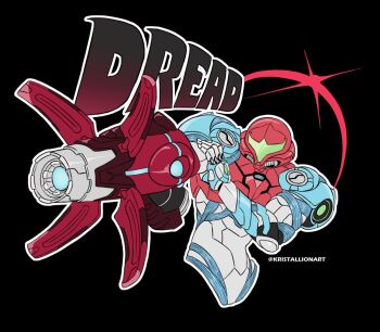 1girl aiming arm_cannon armor artist_name assault_visor black_background commentary english_commentary full_armor green_visor helmet kristallion metroid metroid_dread multicolored_armor nintendo normal_suit_(metroid) power_armor power_suit_(metroid) samus_aran simple_background weapon