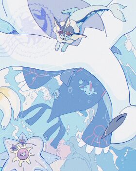 :d azumarill blue_theme closed_eyes floatzel from_above gen_1_pokemon gen_2_pokemon gen_3_pokemon gen_4_pokemon highres horsea kyogre legendary_pokemon lugia nintendo no_humans open_mouth out_of_frame pokemon pokemon_(creature) pokemon_focus purple-tinted_eyewear smile star-shaped_eyewear star_(symbol) starmie tinted_eyewear u_u vaporeon watermark white-framed_eyewear yurano_(upao)