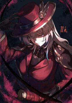 1girl absurdres black_gloves black_shirt blue_hair breasts cape commentary_request cosplay firefly_(honkai:_star_rail) gloves grey_hair hair_between_eyes halterneck hand_on_own_head hat highres holding holding_sword holding_weapon honkai:_star_rail honkai_(series) jacket large_breasts lei_heng_(project_moon) lei_heng_(project_moon)_(cosplay) limbus_company long_hair memeiradesuyo multicolored_eyes multicolored_hair project_moon red_jacket shirt solo sword thumb_(identity)_(project_moon) two-tone_hair weapon