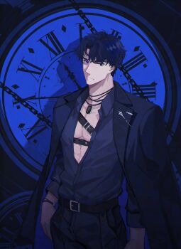 1boy abs absurdres belt black_hair black_jacket black_shirt bracelet chain chest_belt collared_shirt commentary_request cowboy_shot curtained_hair different_shadow dog_tags hand_in_pocket highres jacket jacket_on_shoulders jewelry looking_at_viewer male_focus necklace omniscient_reader&#039;s_viewpoint partially_open_shirt pectorals pocket_watch roman_numeral sanjinmogufufu serious shirt shirt_tucked_in short_hair solo toned watch yoo_joonghyuk