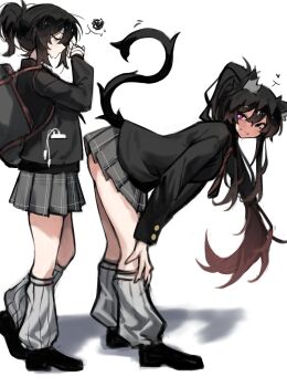 2girls absurdres ass backpack bag bent_over demon_tail highres long_hair long_sleeves loose_socks multiple_girls original ponytail school_uniform shigezie skirt socks tagme tail thighs yuri