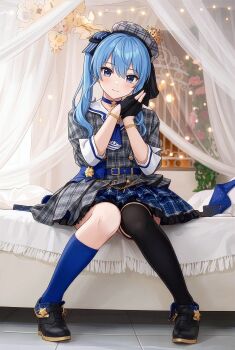 1girl absurdres black_gloves black_thighhighs blue_choker blue_eyes blue_hair blush choker closed_mouth collared_shirt commentary_request earrings gloves grey_hat grey_jacket hair_between_eyes hat high_heels highres hololive hoshimachi_suisei hoshimachi_suisei_(1st_costume) jacket jewelry knees_together_feet_apart long_sleeves looking_at_viewer partially_fingerless_gloves plaid_clothes plaid_hat plaid_jacket pumps reizei_illust shirt single_thighhigh sitting smile solo star_(symbol) star_choker thighhighs virtual_youtuber white_shirt