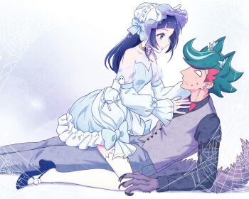 1boy 1girl animal_ears aokaze_nana bare_shoulders black_shirt blue_dress blue_eyes blue_hair blunt_bangs bow bowtie breasts bubble_skirt choker cleavage cleavage_cutout clothing_cutout couple diamond_necklace dress earrings eyeliner fingernails fluffy frilled_dress frilled_ribbon frills gradient_hair green_hair hairband halloween halloween_costume hand_on_another&#039;s_ear happy_halloween highres jewelry kimi_to_idol_precure kneehighs kyoutsuugengo loafers lolita_fashion lolita_hairband long_fingernails long_hair long_sleeves makeup mature_male multicolored_hair orange_hair parted_bangs precure profile puffy_dress ribbon see-through_cleavage see-through_clothes see-through_dress see-through_sleeves shirt shoes short_dress short_hair silk sitting sitting_on_lap sitting_on_person skirt socks spider_web sweat sweatdrop sweater sweet_lolita tail vest white_socks wolf wolf_ears wolf_tail zakkuri_(precure)