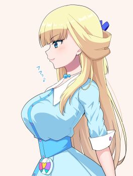 1girl alternate_breast_size blonde_hair blue_dress blue_eyes bow breasts dress highres jewelry kaatsu_katsurou large_breasts lips long_hair long_sleeves looking_at_another nekoyashiki_yuki pink_background precure shiny_cat&#039;s_pact smile wonderful_precure!