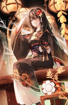 Rule 34 | 1girl, absurdres, arm up, black hair, black kimono, black nails, blurry, blurry foreground, blush, bow, commentary request, drum, dutch angle, floral print, flower, flower knot, hair between eyes, hair flower, hair ornament, highres, instrument, japanese clothes, kimono, lace, lace-trimmed kimono, lace trim, lantern, long hair, long sleeves, nail polish, ohuton inu, original, parted lips, purple eyes, sash, shading eyes, sitting, smile, solo, spider lily print, sunlight, tree, tsuzumi, white bow