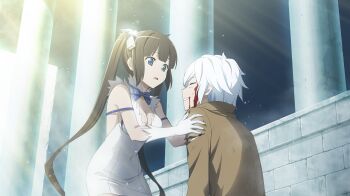 1boy 1girl anime_coloring bare_shoulders bell bell_cranel black_hair blood blood_from_mouth blood_on_face blue_bow blue_bowtie blue_eyes blue_ribbon blunt_bangs bow bowtie breasts brown_jacket cleavage cleavage_cutout closed_eyes clothing_cutout column covered_navel danmachi_battle_chronicle dress dungeon_ni_deai_wo_motomeru_no_wa_machigatteiru_darou_ka game_cg gloves hair_bell hair_ornament hair_ribbon hestia_(danmachi) highres jacket large_breasts long_hair looking_at_another non-web_source official_art outdoors parted_lips pencil_dress pillar rei_no_himo ribbon short_dress short_hair sidelocks sleeveless sleeveless_dress smile tight_clothes tight_dress torn_clothes torn_jacket twintails white_dress white_gloves white_hair white_ribbon