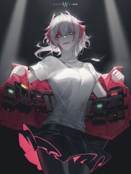 1girl absurdres antenna_hair arknights artist_name black_background black_pantyhose black_skirt blood blood_on_face bomb breasts character_name collarbone colored_skin commentary contrapposto cowboy_shot demon_girl demon_horns dog_tags english_commentary evil_smile explosive eyebrows_hidden_by_hair female_focus fingernails glint glowing glowing_eyes hair_between_eyes hands_up highres horns jacket looking_at_viewer messy_hair miniskirt nail_polish open_clothes open_jacket orange_eyes pantyhose parted_lips pink_nails pleated_skirt red_eyes red_jacket red_nails revision rhine_(overtonerhine) shirt short_hair short_sleeves sidelocks silver_hair simple_background skirt smile solo spotlight suicide_bomb t-shirt teeth time_bomb timer two-sided_fabric undressing upper_teeth_only v-neck w_(arknights) white_shirt white_skin wire