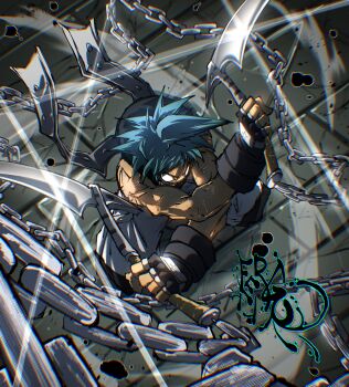 Rule 34 | absurdres, arm tattoo, baggy pants, black hood, black star, blue hair, chain, fergoart, fingerless gloves, gloves, glowing, glowing eyes, highres, holding, holding scythe, holding weapon, hood, hooded jacket, ink splatter, jacket, kusarigama, male focus, muscular, muscular male, no pupils, outstretched crossed arms, pants, scarf, scythe, sickle, signature, sleeveless, sleeveless jacket, solo, soul eater, spiked hair, star (symbol), star tattoo, tattoo, weapon, white eyes, white pants, white scarf