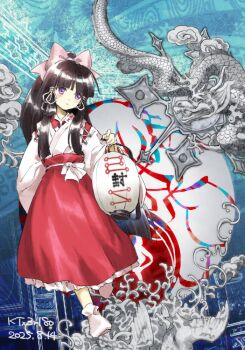 1girl black_hair blue_background blunt_bangs bow collared_shirt dated detached_sleeves dragon eastern_dragon frilled_skirt frills full_body hair_bow hair_ribbon hair_rings hakurei_reimu holding holding_lantern japanese_clothes kaigen_1025 kimono lantern long_hair long_sleeves no_shoes nontraditional_miko paper_lantern portrait_of_exotic_girls purple_eyes red_skirt ribbon shirt signature skirt smoke socks solo straight_hair touhou tress_ribbon walking white_bow white_kimono white_ribbon white_socks wide_sleeves