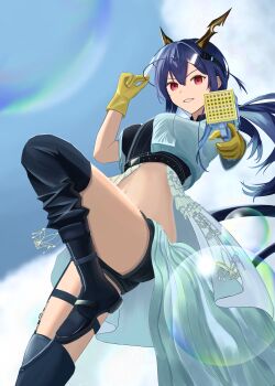 1girl absurdres arknights arm_up black_boots black_shorts blue_hair boots breasts ch&#039;en_(arknights) ch&#039;en_the_holungday_(arknights) ch&#039;en_the_holungday_(holiday)_(arknights) commentary cropped_jacket dragon_girl dragon_horns dragon_tail frilled_overskirt full_body gloves hair_between_eyes highres holding holding_water_gun horns large_breasts long_hair looking_at_viewer official_alternate_costume open_clothes open_mouth red_eyes rubber_gloves shorts sidelocks smile solo stomach suikazura_mdr tail teeth water_gun yellow_gloves