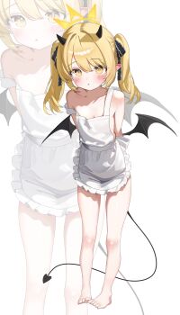 1girl :o absurdres alternate_costume apron arms_behind_back bare_legs bare_shoulders barefoot black_ribbon blonde_hair blue_archive blush breasts cleavage commentary_request curious demon_girl demon_horns demon_tail demon_wings drawing_flover frilled_apron frills full_body hair_over_one_eye hair_ribbon halo highres horns ibuki_(blue_archive) leaning_forward legs long_hair naked_apron ribbon small_breasts solo standing strap_slip tail thighs twintails white_apron white_background wings yellow_eyes yellow_halo zoom_layer