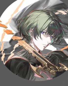 1boy armor black_armor blue_hair closed_mouth fire_emblem fire_emblem:_three_houses gongzuotianxiadiyi holding holding_sword holding_weapon looking_at_viewer male_byleth_(fire_emblem) male_focus nintendo purple_eyes short_hair solo sword sword_of_the_creator weapon