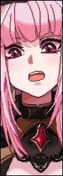 1girl animated blinking blunt_bangs cleavage_cutout close-up clothing_cutout hololive hololive_english looking_at_viewer mori_calliope mori_calliope_(1st_costume) open_mouth pink_eyes pink_hair pixel_art ronin_(zeth_total) sidelocks solo video virtual_youtuber