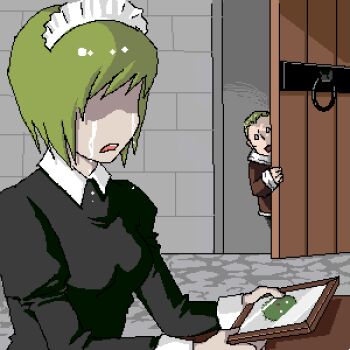 1boy 1girl batou_(gits) black_dress crying dress dripping futaba_channel ghost_in_the_shell green_hair holding indoors iya_maid long_sleeves lowres maid maid_headdress marimo nijiura_maids oekaki opening_door parted_lips photo_(object) shaded_face short_hair stone_floor stone_wall tears wall