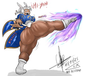 1girl 2025 absurdres ass blue_dress boku_no_hero_academia boots capcom china_dress chinese_clothes chun-li chun-li_(cosplay) cosplay dark-skinned_female dark_skin dated dress english_text female_focus highres huge_ass kicking mirko open_mouth rabbit_ears signature sixpathoffriendship solo sound_effects street_fighter teeth thick_thighs thighs tongue tongue_out white_boots white_hair wide_hips