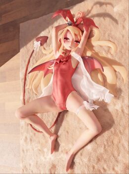 1girl 3d barefoot bdsm beanis blender_(medium) blonde_hair bondage bound bound_wrists bow frilled_thigh_strap commentary_request demon_tail demon_wings disgaea female_focus flonne flonne_(fallen_angel) full_body hairband highres leg_ribbon leotard loli long_hair looking_at_viewer lying makai_senki_disgaea neck_ribbon on_back on_floor partial_commentary pointy_ears red_eyes red_leotard ribbon rug shirt soles solo spread_legs tail tail_bow tail_ornament tears thigh_ribbon thigh_strap toes white_shirt wings