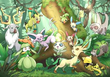 1girl 1other :3 abra absurdres antennae arm_up arms_up black_eyes blue_eyes blush_stickers bright_pupils brown_eyes brown_sclera bush celebi cheek_bulge claws closed_eyes closed_mouth colored_sclera colored_skin covering_own_mouth crown day deer egg espeon fairy fairy_wings fern floating floating_object flower forehead_jewel forest full_body gem gen_1_pokemon gen_2_pokemon gen_3_pokemon gen_4_pokemon gen_5_pokemon gen_8_pokemon grass green_hair green_skin grookey hair_flower hair_ornament half-closed_eyes hanging happy highres leaf leafeon legendary_pokemon light_rays lilligant long_hair looking_down looking_up mini_crown minun monkey monster_girl moss mythical_pokemon nature nintendo open_mouth orange_eyes outdoors own_hands_together plant plant_girl plusle pokemon pokemon_(creature) pokemon_egg purple_sclera q-chan red_eyes red_flower red_gemstone sidelocks sitting skwovet slakoth sloth_(animal) smile sparkle spread_legs standing sunlight thwackey tilted_headwear tree treecko upside-down vines white_eyes white_pupils white_skin wings wyrdeer yellow_headwear yellow_sclera