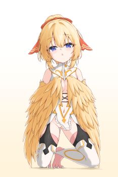Rule 34 | 1girl, absurdres, bare shoulders, bird legs, black thighhighs, blonde hair, blue eyes, blush, breasts, clothing cutout, commentary request, feathers, frilled leotard, frills, hair between eyes, hair ribbon, harpy, highres, indie virtual youtuber, kneeling, leotard, lucastre mavia, monster girl, navel, open mouth, pussy, red ribbon, ribbon, sleeveless, small breasts, solo, talons, thighhighs, uncensored, uts, virtual youtuber, wardrobe malfunction, white leotard, winged arms, wings, yellow feathers, yellow wings
