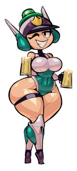 1girl abs alcohol android badge bare_shoulders beer beer_mug black_eyes boots breasts covered_navel cup eyeliner female_focus glass green_hat green_leotard grin hat helmet knee_boots large_breasts leotard lips makeup mighty_switch_force! mug narrow_waist noonun one_eye_closed patricia_wagon police police_uniform policewoman saint_patrick&#039;s_day shiny_clothes shiny_skin smile solo strap teeth thick_thighs thigh_strap thighs transparent_background white_leotard white_trim wide_hips wink