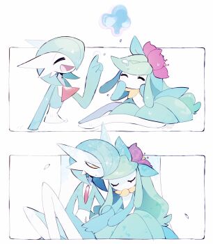 against_tree bob_cut closed_eyes colored_skin gardevoir gen_3_pokemon gen_5_pokemon green_hair green_skin hair_over_one_eye highres lilligant locked_arms masayo_(skip) multicolored_skin nintendo open_mouth pokemon pokemon_(creature) psychic sitting smile tree two-tone_skin white_skin