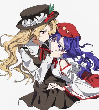 Rule 34 | 2girls, absurdres, blonde hair, breasts, brown dress, brown hat, closed mouth, collared shirt, detached sleeves, dolls in pseudo paradise, dress, fedora, flower, frilled hat, frills, hair ribbon, happy, hat, hat flower, hat ornament, hat ribbon, highres, jacket girl (dipp), label girl (dipp), long hair, long sleeves, mandarin collar, multiple girls, neck ribbon, parted lips, purple eyes, purple hair, red eyes, red hat, red ribbon, red skirt, ribbon, ribbon-trimmed sleeves, ribbon trim, shirt, side ponytail, simple background, skirt, small breasts, smile, star (symbol), star hat ornament, touhou, uehara suiyo, upper body, very long hair, white background, white ribbon, white shirt, wide sleeves