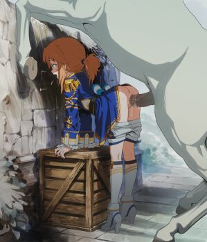 1boy 1girl animal_penis anus ass bent_over bestiality blonde_hair blush boots butterchalk clothes_pull epaulettes hetero high_heel_boots high_heels highres horse horse_penis idolmaster idolmaster_cinderella_girls idolmaster_cinderella_girls_u149 kneehighs large_penis loli long_sleeves open_mouth outdoors penis ponytail precum pussy sex sex_from_behind shorts shorts_pull socks standing uncensored vaginal white_boots white_shorts yuuki_haru