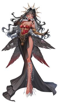 1girl black_gloves black_hair black_wings bond_en bondlive braid breasts brown_eyes colored_inner_hair dark-skinned_female dark_skin dress feathered_wings full_body garnessa_tempest gloves gradient_hair gradient_wings grey_hair grey_shoes hair_intakes halo halo_behind_head large_breasts long_hair low_wings multicolored_hair multicolored_wings official_art red_wings shoes side_slit simple_background smile solo standing transparent_background virtual_youtuber wings yellow_halo
