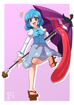 +++ 1girl :d absurdres blue_eyes blue_hair blue_skirt blue_vest blush bright_pupils commentary_request comwoooo full_body geta head_tilt heterochromia highres holding holding_umbrella juliet_sleeves long_sleeves long_tongue looking_at_viewer medium_hair open_mouth puffy_sleeves purple_umbrella red_eyes shirt signature skirt smile solo standing standing_on_one_leg tatara_kogasa toes tongue touhou umbrella very_long_tongue vest white_pupils white_shirt