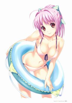 10s 1girl ahoge bikini breasts brown_eyes cleavage collarbone covered_erect_nipples eyebrows female_focus front-tie_top hair_ornament highres hinata_hanabi innertube jpeg_artifacts koutaro leaning_forward looking_at_viewer medium_breasts navel pink_bikini pink_hair side-tie_bikini_bottom sideboob simple_background smile solo swim_ring swimsuit tropical_kiss white_background