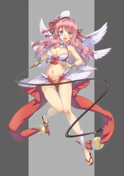 Rule 34 | 1girl, :d, ankleband, anklet, bare shoulders, blue eyes, blush, bow, bracelet, breasts, cleavage, female focus, full body, hair bow, halterneck, hat, highres, jewelry, kawagoe pochi, long hair, looking at viewer, midriff, multiple wings, navel, open mouth, pink hair, ragnarok online, sandals, shiny skin, showgirl skirt, smile, solo, thigh gap, thigh strap, wanderer (ragnarok online), whip, wings