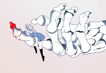 1girl black_socks blood blue_skirt bone from_side gradient_background hand_on_own_face looking_to_the_side magatan medium_hair original purple_hair simple_background sitting sitting_on_object skeletal_hand skirt socks solo