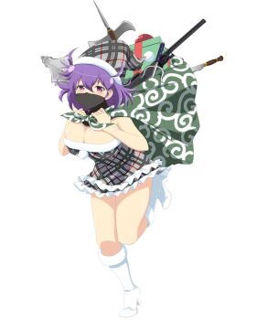 1girl antenna_hair armpit_crease black_dress black_hat black_mask boots border breasts christmas cleavage dress flanged_mace frilled_dress frills fur-trimmed_dress fur-trimmed_headwear fur_trim gift grey_dress gun halberd hat high_heel_boots high_heels holding holding_sack kunai_hair_ornament kuroudo_(senran_kagura) large_breasts looking_at_viewer mask medium_hair messy_hair mouth_mask official_alternate_costume official_art plaid_clothes plaid_dress plaid_hat polearm pom_pom_(clothes) purple_eyes purple_hair sack santa_costume santa_dress santa_hat senran_kagura senran_kagura_new_wave shiny_skin short_dress simple_background solo standing standing_on_one_leg sword weapon weapon_request white_background white_boots