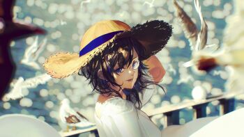 1girl ayase_yuu dress hat looking_at_viewer monocle ocean phase_connect phase_connect_jp second-party_source straw_hat tagme virtual_youtuber white_dress