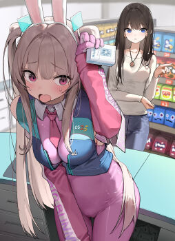 2girls animal_ears bare_shoulders blue_eyes blush bodysuit breasts brown_hair bunny_girl_(dduck_kong) casual cleavage dduck_kong gloves grey_hair heart highres latex latex_bodysuit long_hair long_sleeves multiple_girls necktie open_mouth original pink_bodysuit pink_eyes pink_gloves pink_necktie rabbit_ears shop standing store_clerk super_bunny_(dduck_kong) very_long_hair zipper