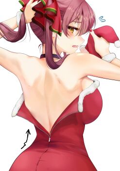 Rule 34 | 1girl, adjusting hair, alternate costume, blush, breasts, dress, fang, fur-trimmed dress, fur trim, hair ribbon, hat, highres, holding, holding unworn clothes, holding unworn hat, hololive, houshou marine, large breasts, looking at viewer, looking back, miyuno, open mouth, red hair, red ribbon, ribbon, santa costume, santa dress, sideboob, skin fang, solo, unworn hat, unworn headwear, virtual youtuber, yellow eyes