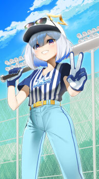 1girl absurdres amane_kanata aqua_pants baseball_bat baseball_cap belt blue_gloves blue_hair blue_shirt bob_cut colored_inner_hair commentary_request gloves grey_hair hair_between_eyes halo hat highres holding holding_baseball_bat hololive multicolored_gloves multicolored_hair pants parted_lips pink_hair ryou_(redrainbow) shirt short_sleeves solo star_halo sunglasses sweat teeth two-tone_gloves v virtual_youtuber white_gloves yellow_belt yellow_halo