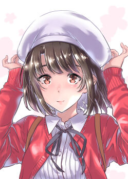 Rule 34 | 1girl, beret, black ribbon, brown eyes, brown hair, cardigan, closed mouth, collared shirt, commentary request, hands up, hat, highres, katou megumi, long sleeves, looking at viewer, maruta, neck ribbon, red cardigan, ribbon, saenai heroine no sodatekata, shirt, short hair, solo, upper body, white hat, white shirt