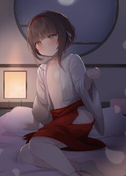 1girl beckoning blunt_bangs blush brown_hair commentary_request flat_chest futon hair_ribbon hairband hakama highres indoors japanese_clothes kantai_collection kimono long_sleeves looking_at_viewer open_clothes open_kimono petals pillow red_hairband red_hakama ribbon shin_(new) short_hair sitting smile solo ukuru_(kancolle) ukuru_(miko)_(kancolle) white_kimono white_ribbon wide_sleeves