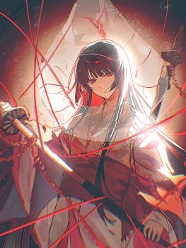 1girl absurdres black_hair blunt_bangs blurry bridal_veil chromatic_aberration closed_mouth cunduwuyong e.g.o_(project_moon) great_trichiliocosm_(e.g.o) highres hime_cut holding holding_sheath holding_sword holding_weapon japanese_clothes katana kimono limbus_company long_hair long_sleeves looking_at_viewer obi ootachi project_moon red_eyes red_sash ryoshu_(project_moon) sash sheath solo string string_of_fate sword uchikake unsheathing veil very_long_hair wataboushi weapon white_kimono wide_sleeves