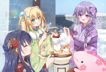 Rule 34 | 2026, 3girls, :d, :t, ^ ^, alternate costume, alternate hairstyle, anger vein, black sash, blue bow, blue kimono, blurry, blurry background, blush, bow, braid, braided ponytail, breasts, chopsticks, closed eyes, closed mouth, commentary request, cowboy shot, crown braid, dated, day, eating, eyelashes, eyes visible through hair, floral print, floral print kimono, flower, food, fur-trimmed kimono, fur trim, furisode, green eyes, green kimono, hair between eyes, hair bow, hair flower, hair ornament, hairclip, hand up, happy, highres, holding, holding chopsticks, japanese clothes, kanzashi, kimono, kushima kamome, large breasts, long sleeves, low ponytail, mizuori shizuku, mochi, mochi trail, multiple girls, new year, open mouth, outdoors, ponytail, print kimono, purple eyes, purple flower, purple hair, purple kimono, red flower, sakura aki, sash, sidelocks, signature, smile, snowing, spoken anger vein, steam, stuffed dinosaur, summer pockets, tareme, textless version, tsumugi wenders, twintails, twitter username, upper body, v-shaped eyebrows, white flower, wide sleeves, winter, x hair ornament, yellow sash