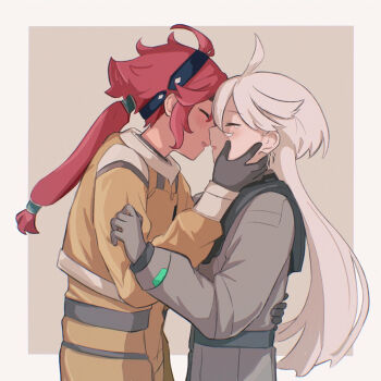 2girls ahoge border closed_eyes commentary_request gloves grey_gloves grey_hair gundam gundam_suisei_no_majo hair_down hand_on_another's_back hand_on_own_face headband highres long_hair masaru_(kises_j) mecha_pilot_suit miorine_rembran multiple_girls normal_suit_(gundam) parted_lips partial_commentary ponytail red_hair spacesuit square suletta_mercury upper_body yuri